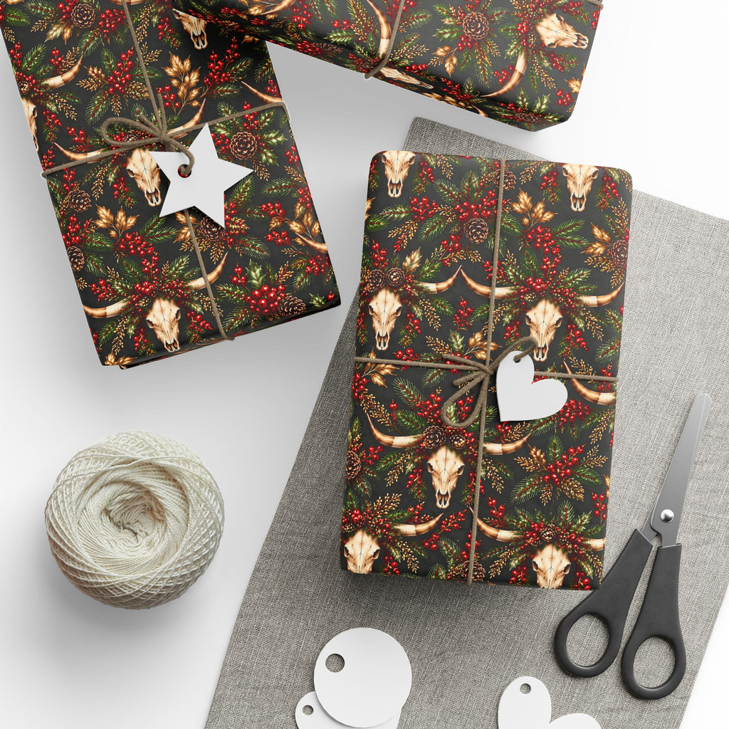 Longhorn & Holly Western Christmas Wrapping Paper