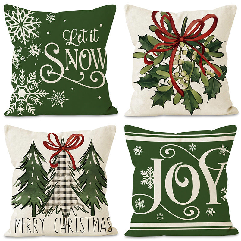 Green Christmas Pillow Cover Linen Printed Pillow Cover
