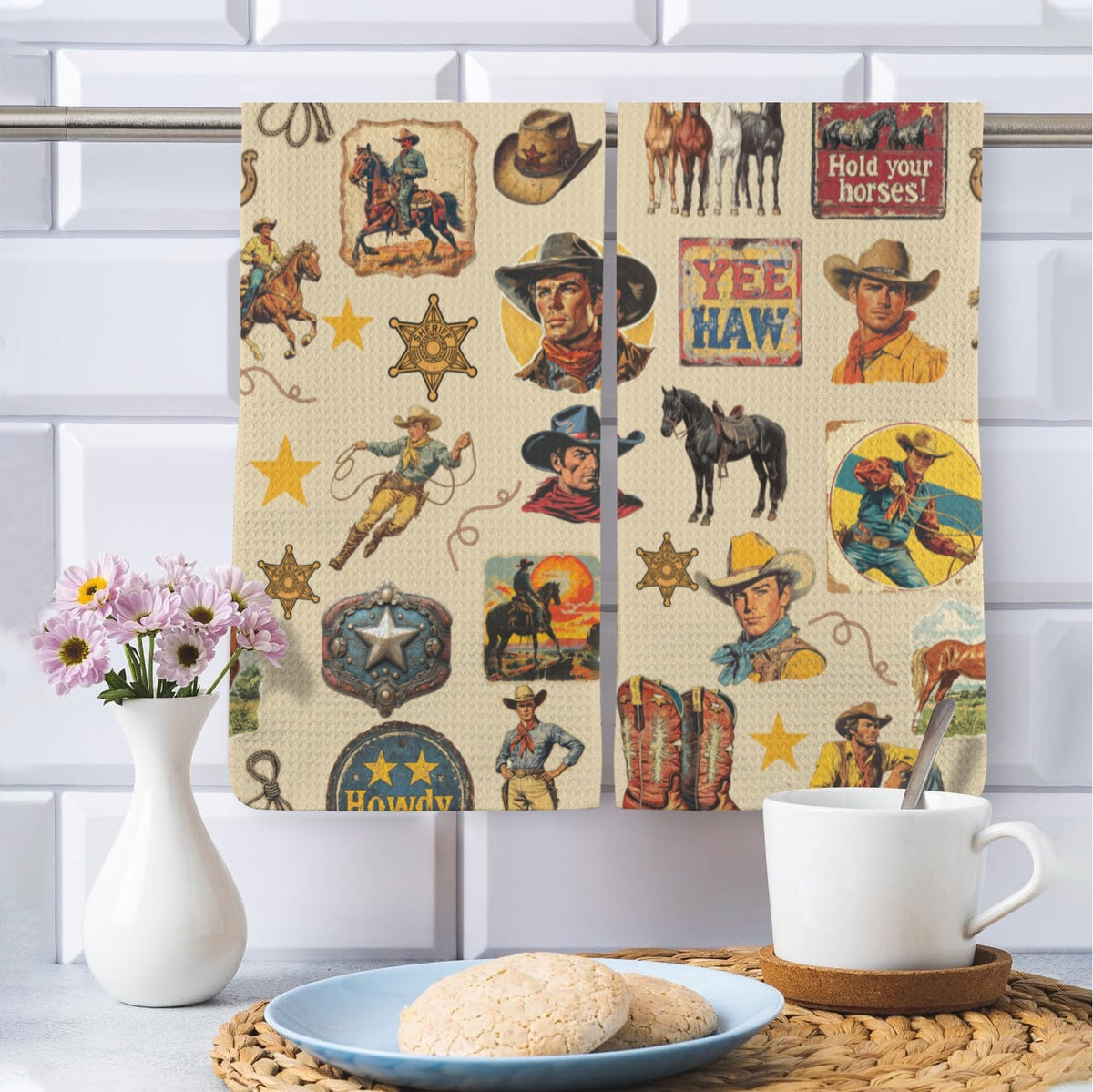 Baha Ranch Vintage Cowboy Collage Set of 2 Dish Towels