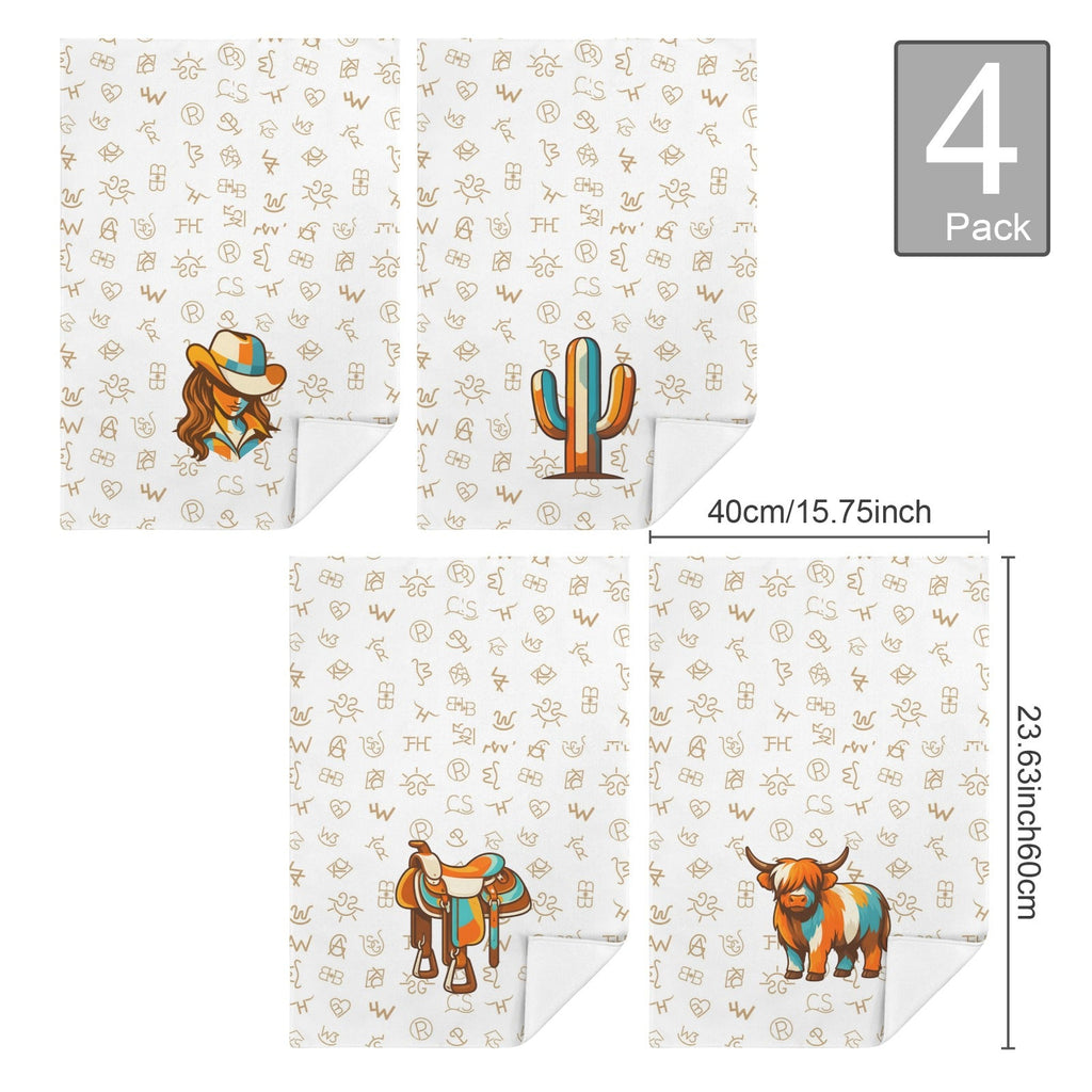 Baha Ranch Set of 4 Minimalistic Western Highland Cow Cattle Brands Kitchen Towels