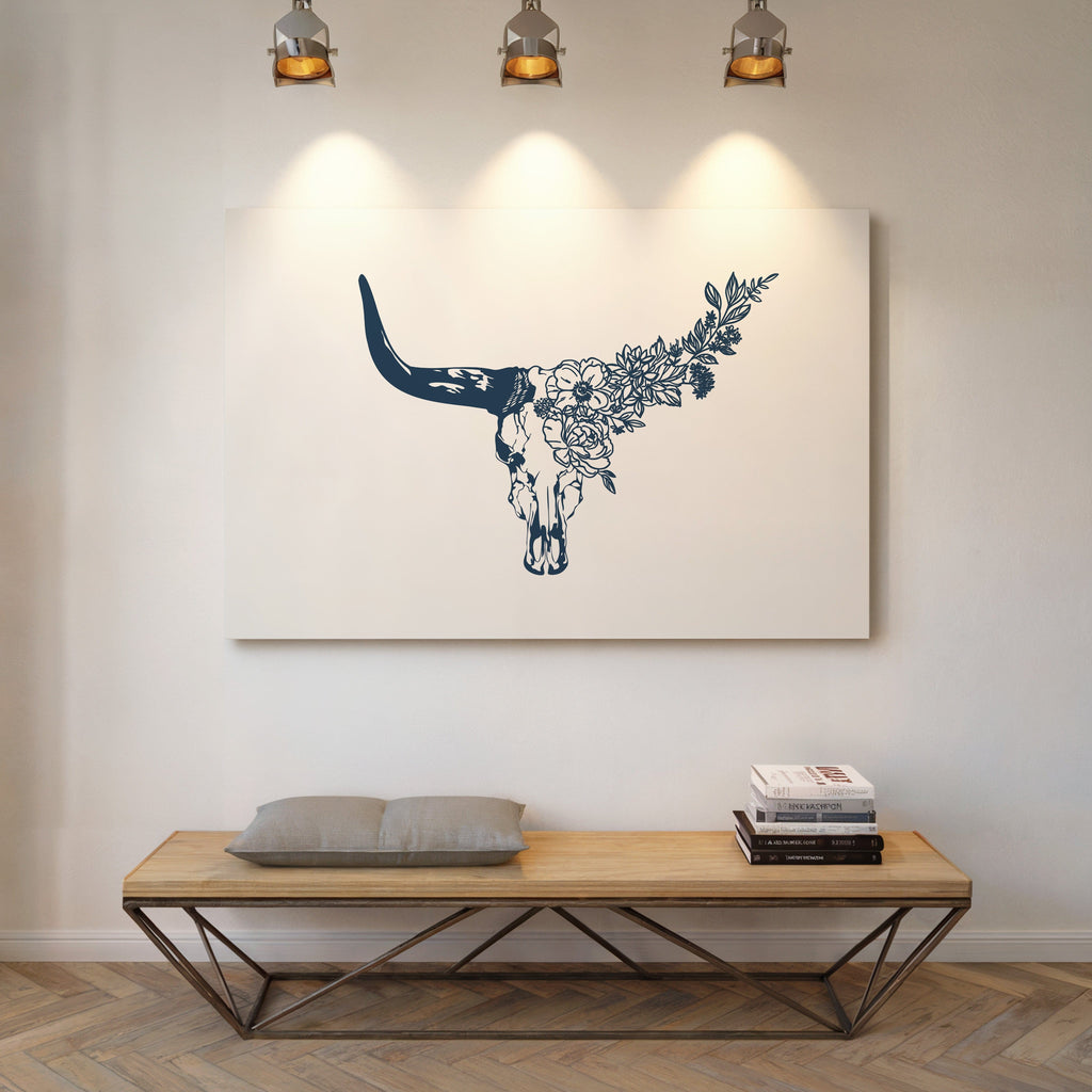 Floral Longhorn Skull Wall Art – Western Boho Cow Skull Print