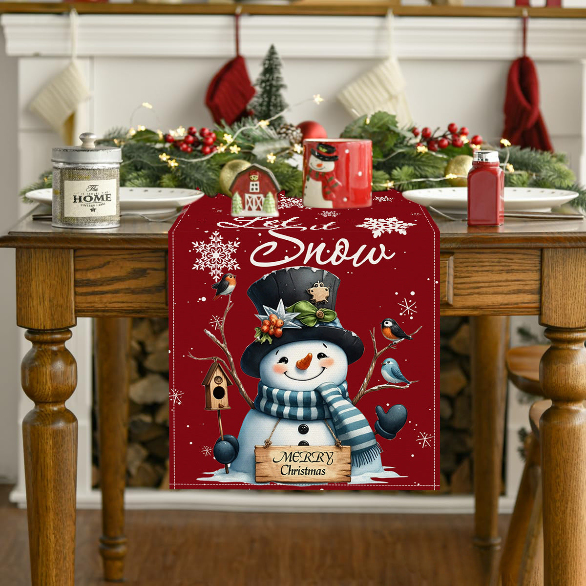 Christmas snowman linen tablerunner