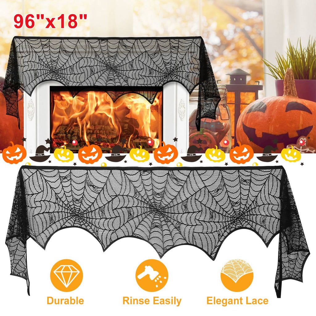 Spiderweb Mantle Scarf – 96x18" Black Lace Fireplace Cover
