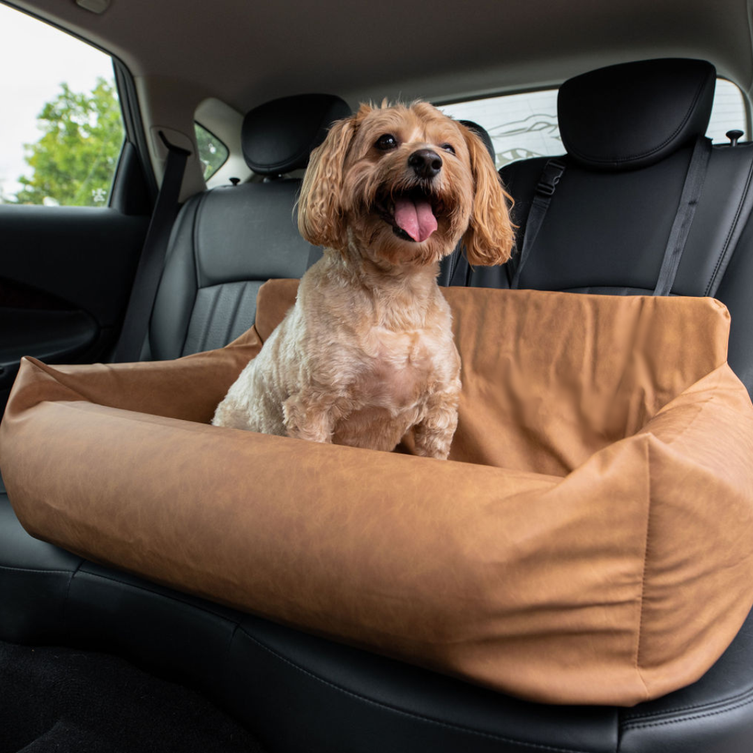 PupProtector™ Faux Cool-to-Touch Vegan Leather Memory Foam Dog Car Bed - Camel
