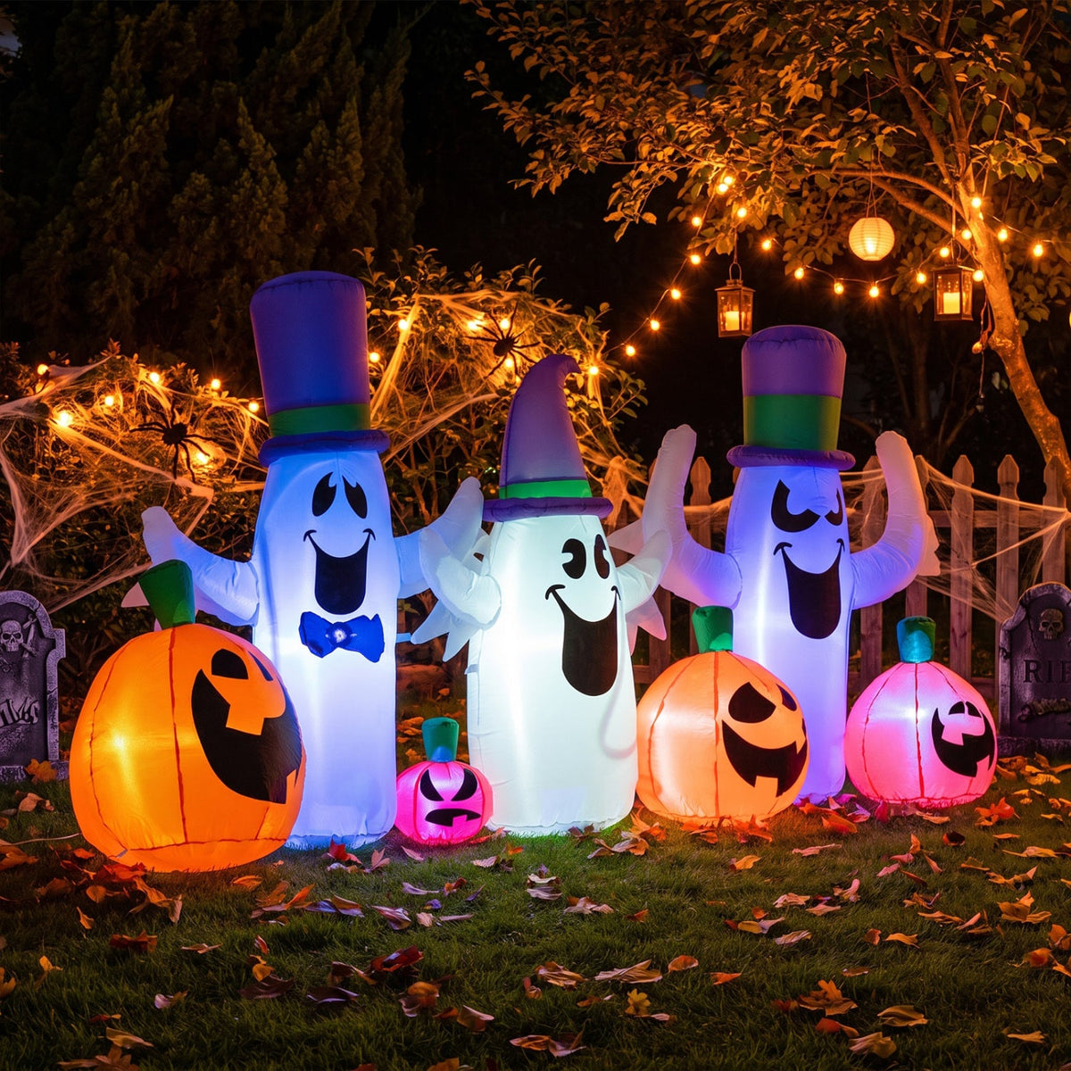 8 FT Halloween Inflatable with Ghosts and Pumpkins RGB LED