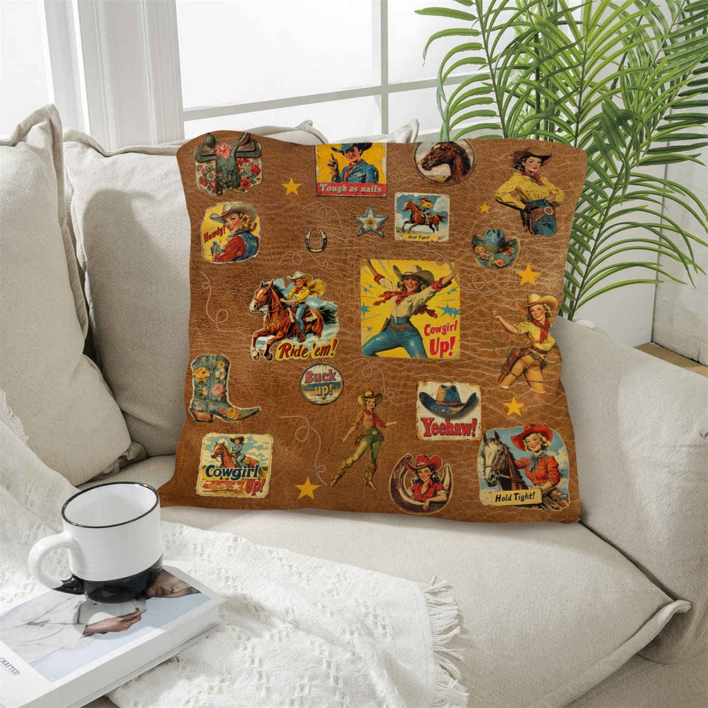 Baha Ranch Vintage Cowgirl Collage Square Pillow