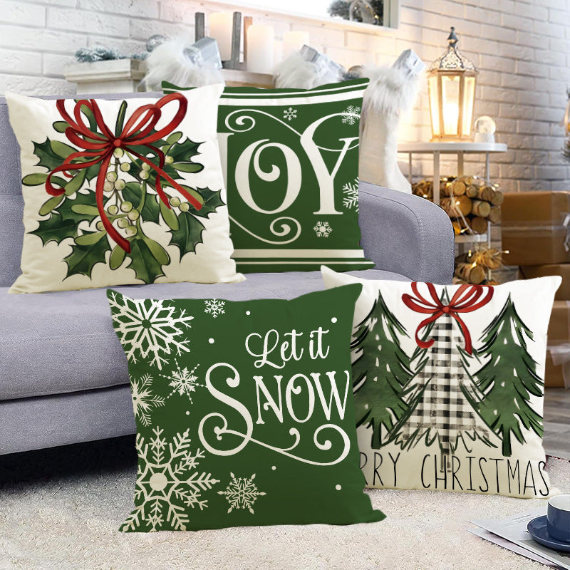 Green Christmas Pillow Cover Linen Printed Pillow Cover