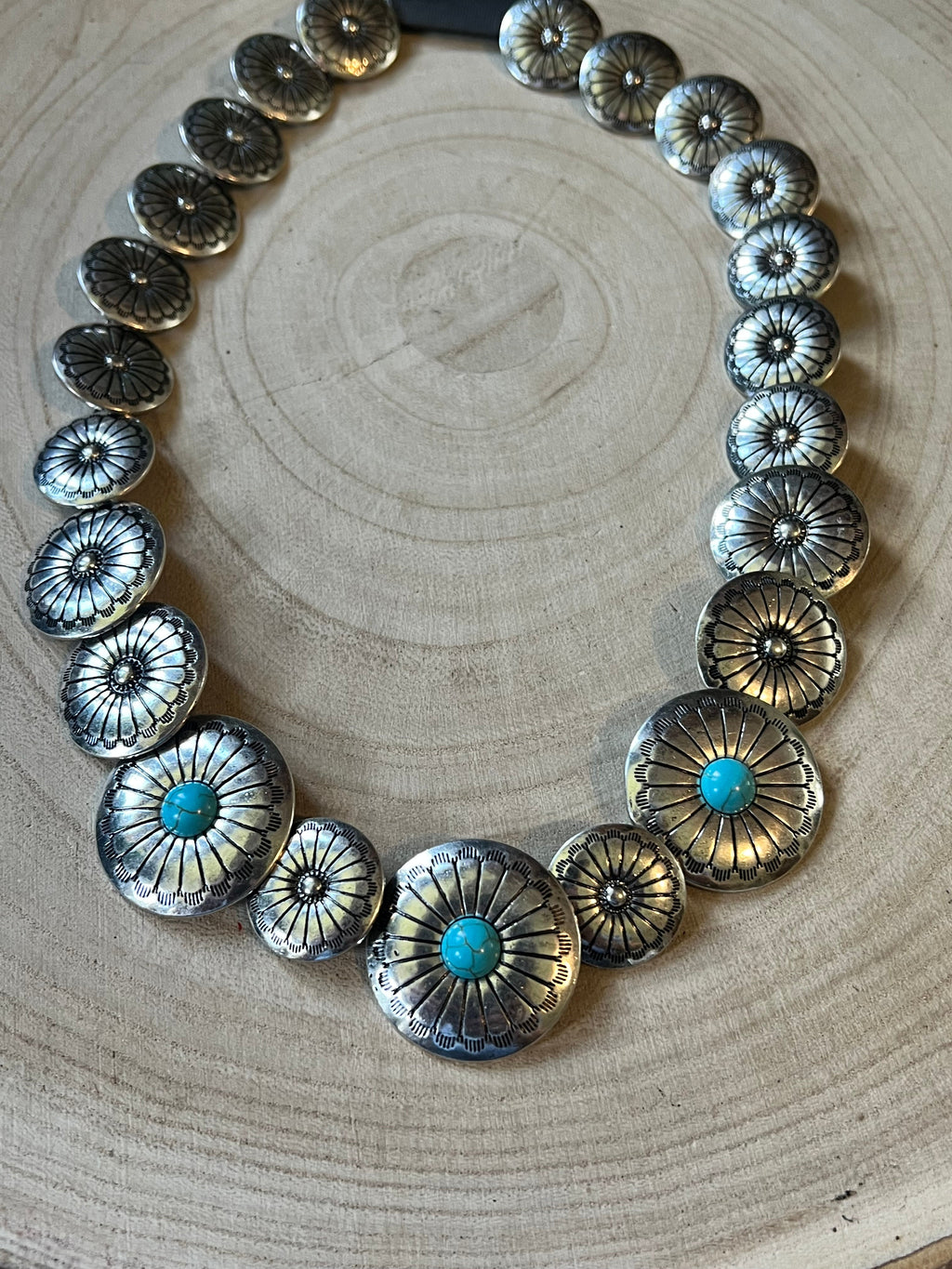 Western Overlapping Concho Necklace with Faux Turquoise — 18 Inch Southwestern Statement
