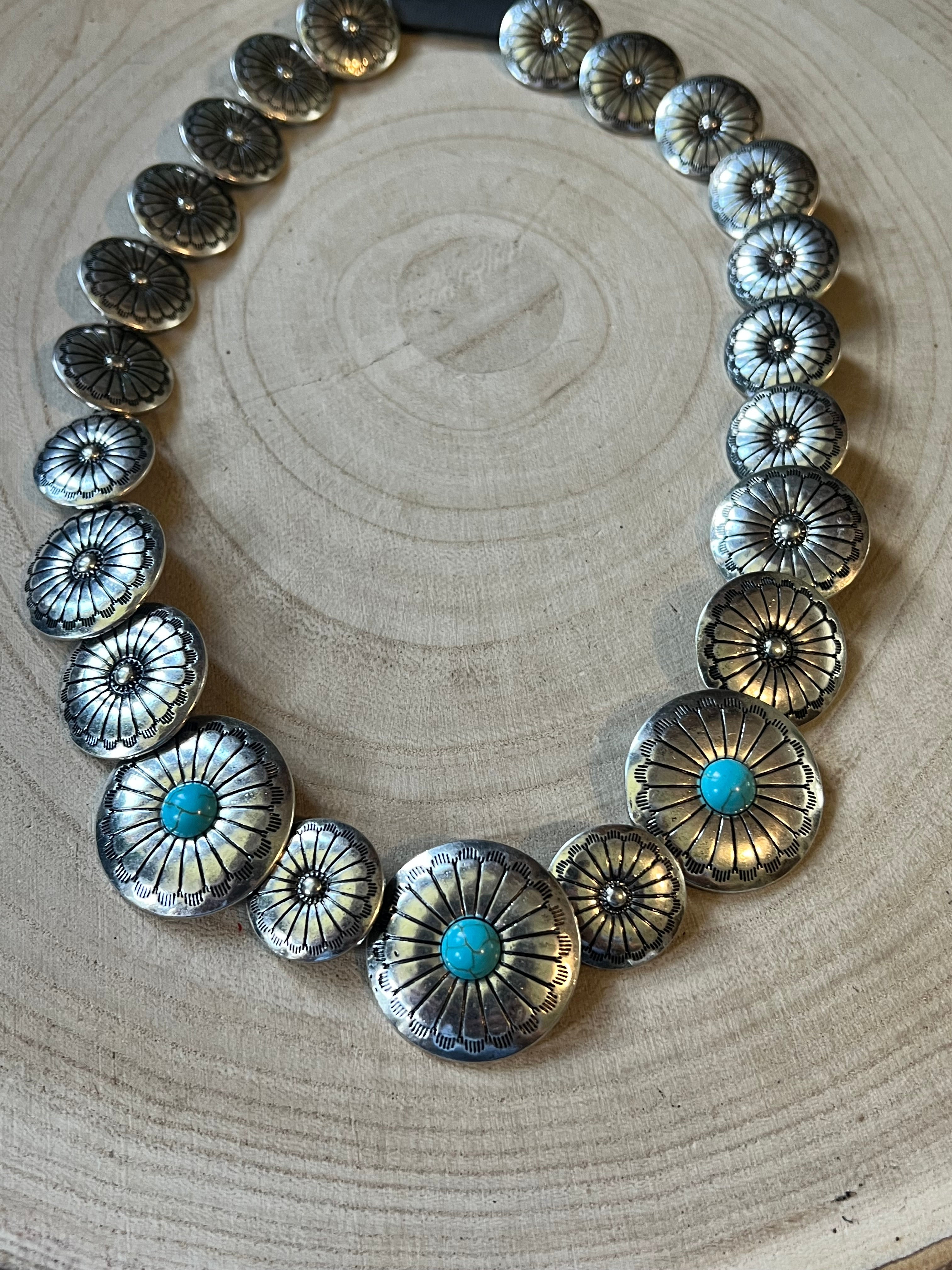 Western Overlapping Concho Necklace with Faux Turquoise — 18 Inch Southwestern Statement