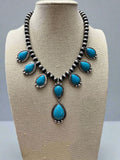 Western Teardrop Faux Turquoise & Sterling Pearl Necklace — 16 Inch Southwestern Pendant