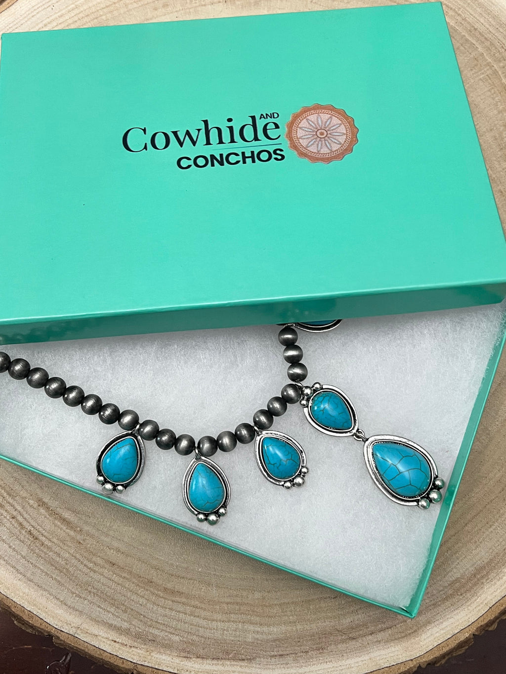 Western Teardrop Faux Turquoise & Sterling Pearl Necklace — 16 Inch Southwestern Pendant