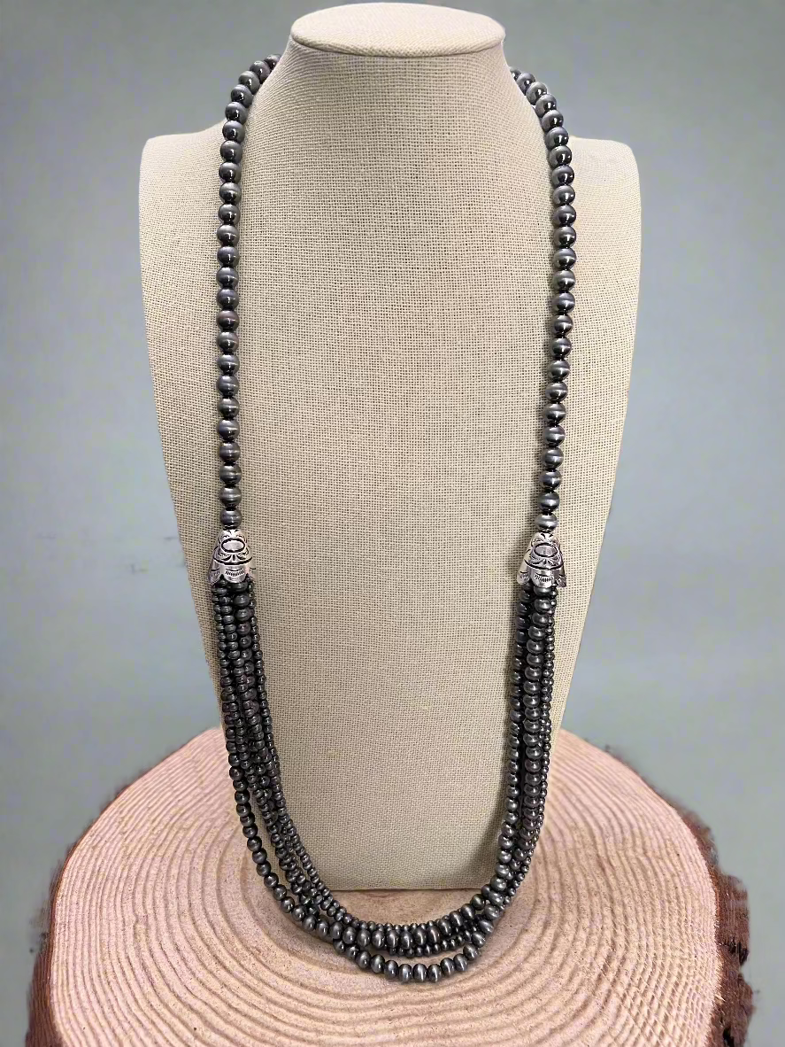 Western 5-Row Faux Sterling Pearl Teardrop Necklace with Faux Turquoise — 28 Inch Statement
