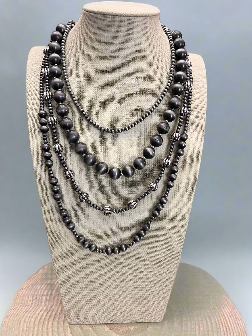 Faux Sterling Pearl Layered Necklace Set — 4-Piece Burnished Silver Western Layering Set (16" / 18" / 20" / 22")