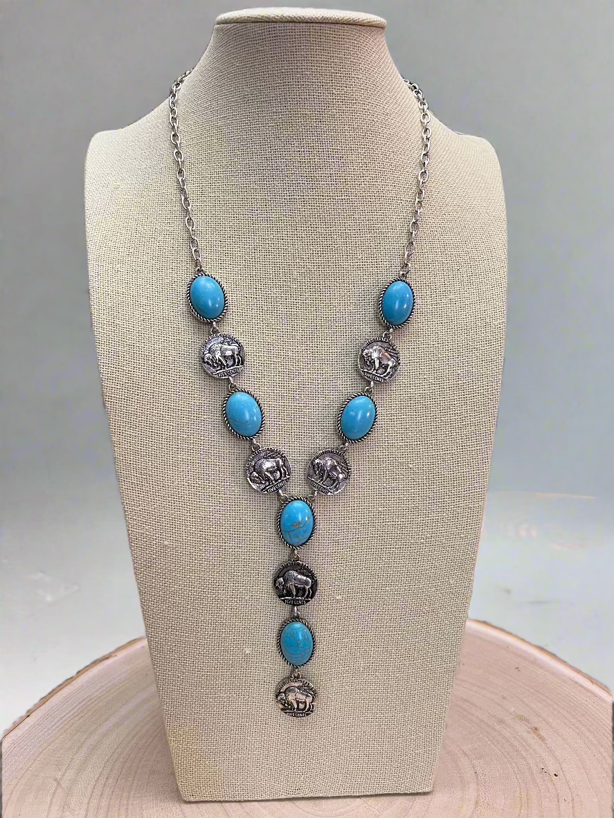 Silver Western Buffalo Coin Faux Lariat Necklace & Earring Set