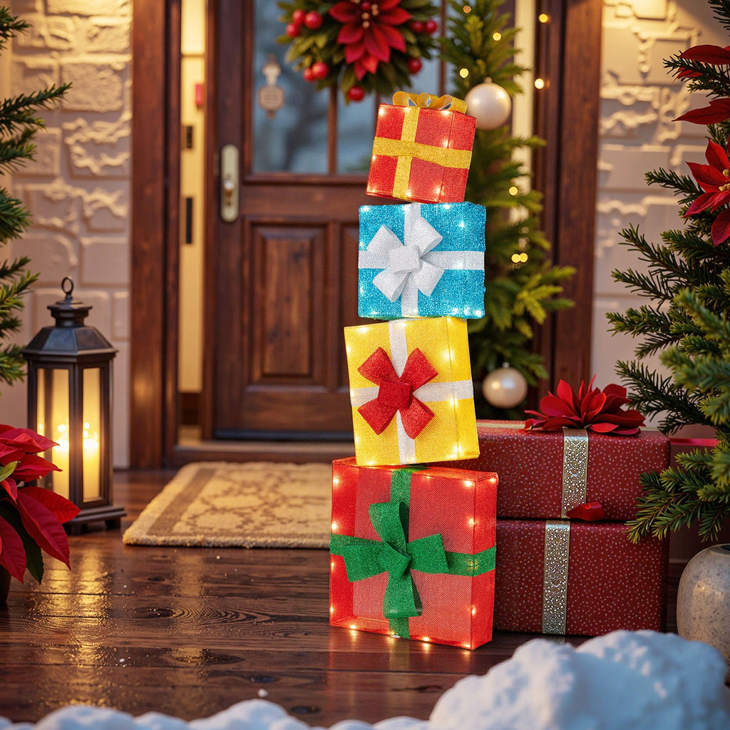 Lighted Gift Boxes Christmas Decoration 2D Set of 4 Pre-Lit Stacked