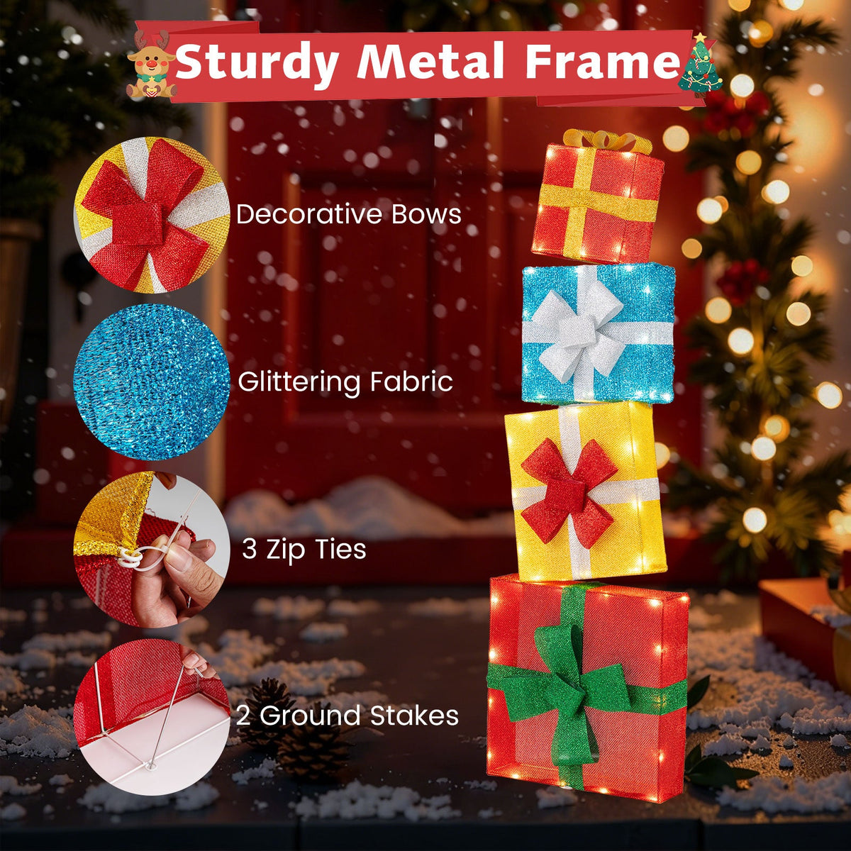 Lighted Gift Boxes Christmas Decoration 2D Set of 4 Pre-Lit Stacked
