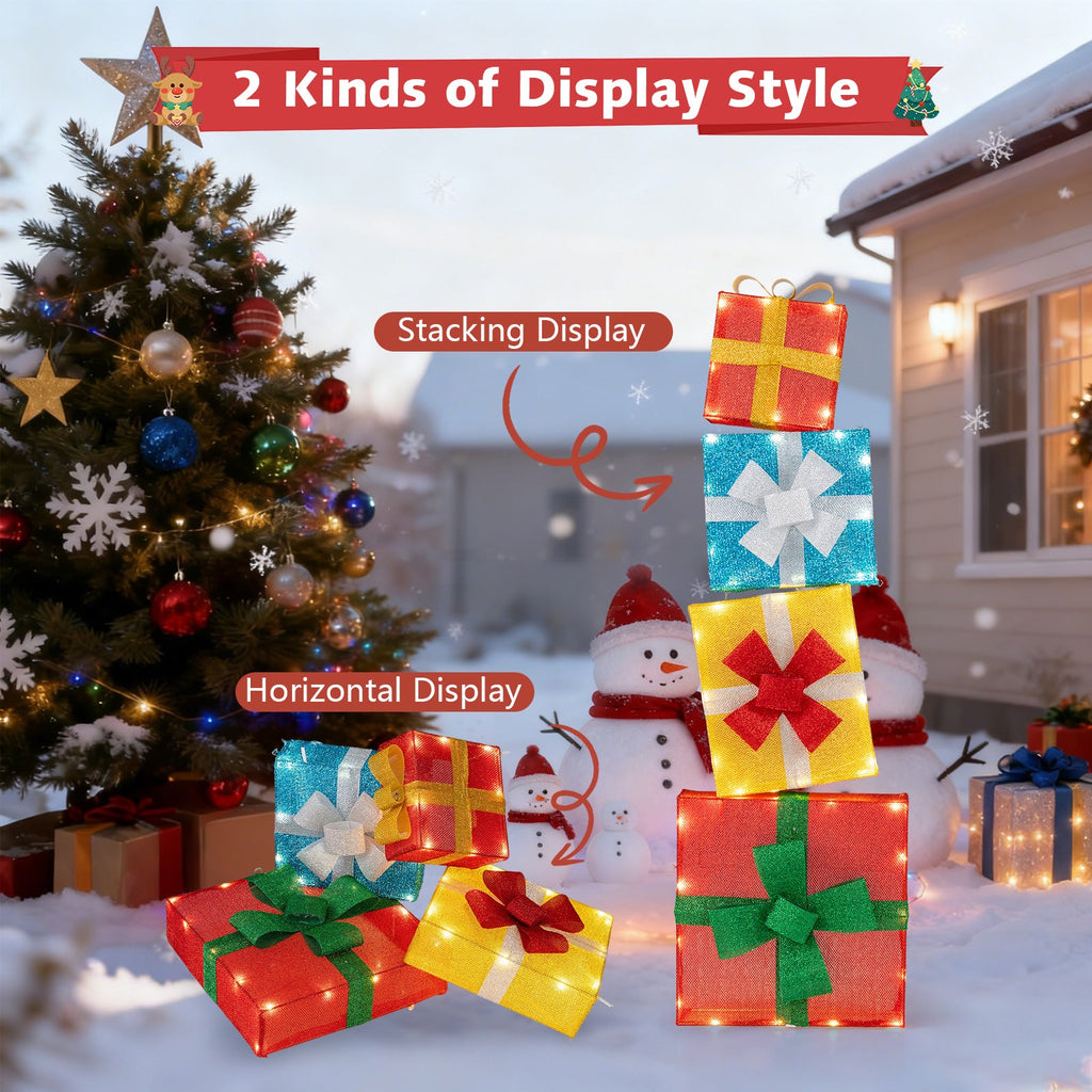 Lighted Gift Boxes Christmas Decoration 2D Set of 4 Pre-Lit Stacked
