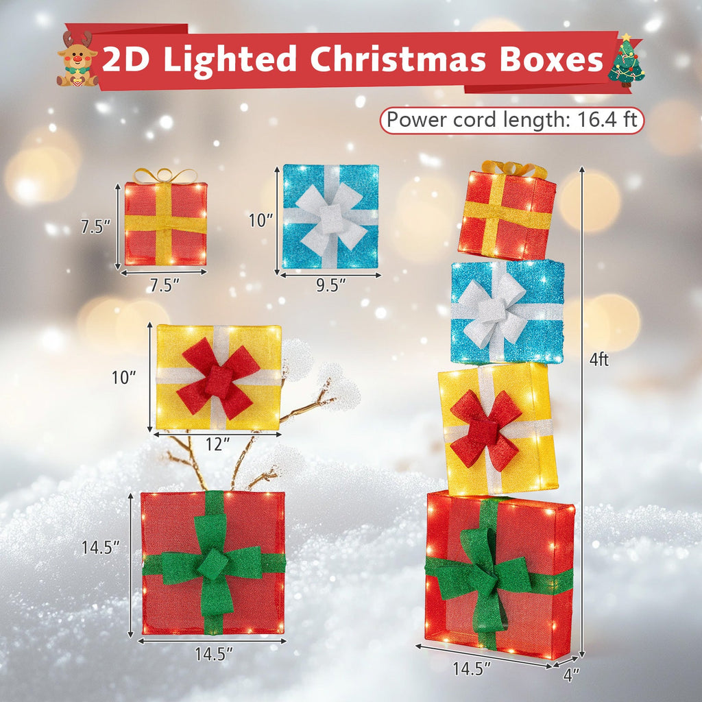 Lighted Gift Boxes Christmas Decoration 2D Set of 4 Pre-Lit Stacked