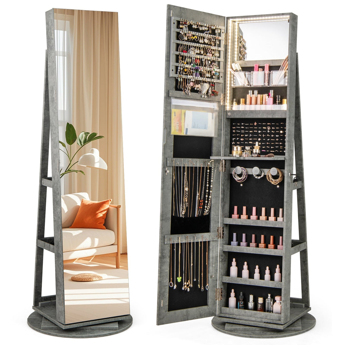 360° Rotating Mirrored Jewelry Cabinet Armoire 3 Color LED Modes Lockable