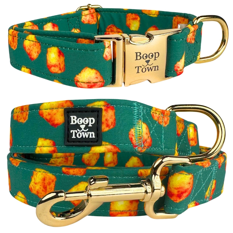 Boop Town Matching Dog Collar and Leash Set - Soft Cotton & Heavy Duty Nylon Core - Quick Release Metal Buckle - Aesthetic Adjustable Pet Accessories - Reduces Hair Matting - XS Small Medium Large XL Dogs