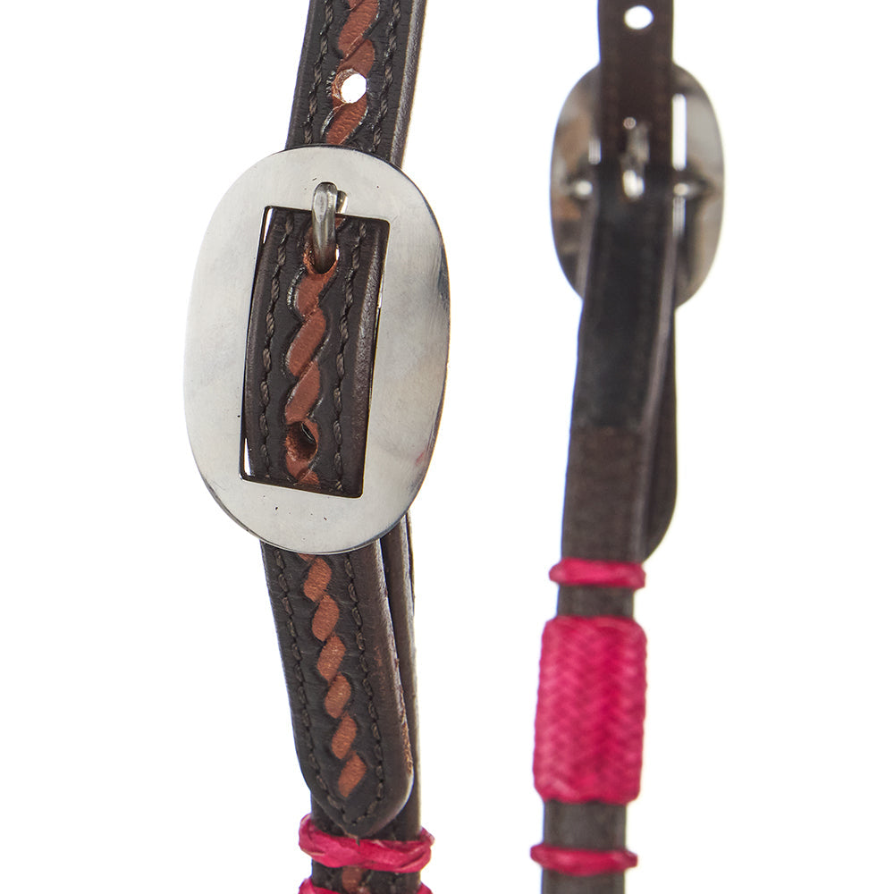 Hot Pink Rawhide Rope Tooled Single Ear Headstall