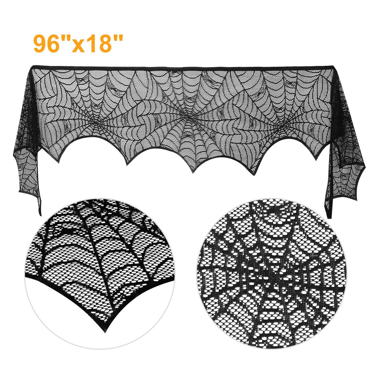 Spiderweb Mantle Scarf – 96x18" Black Lace Fireplace Cover