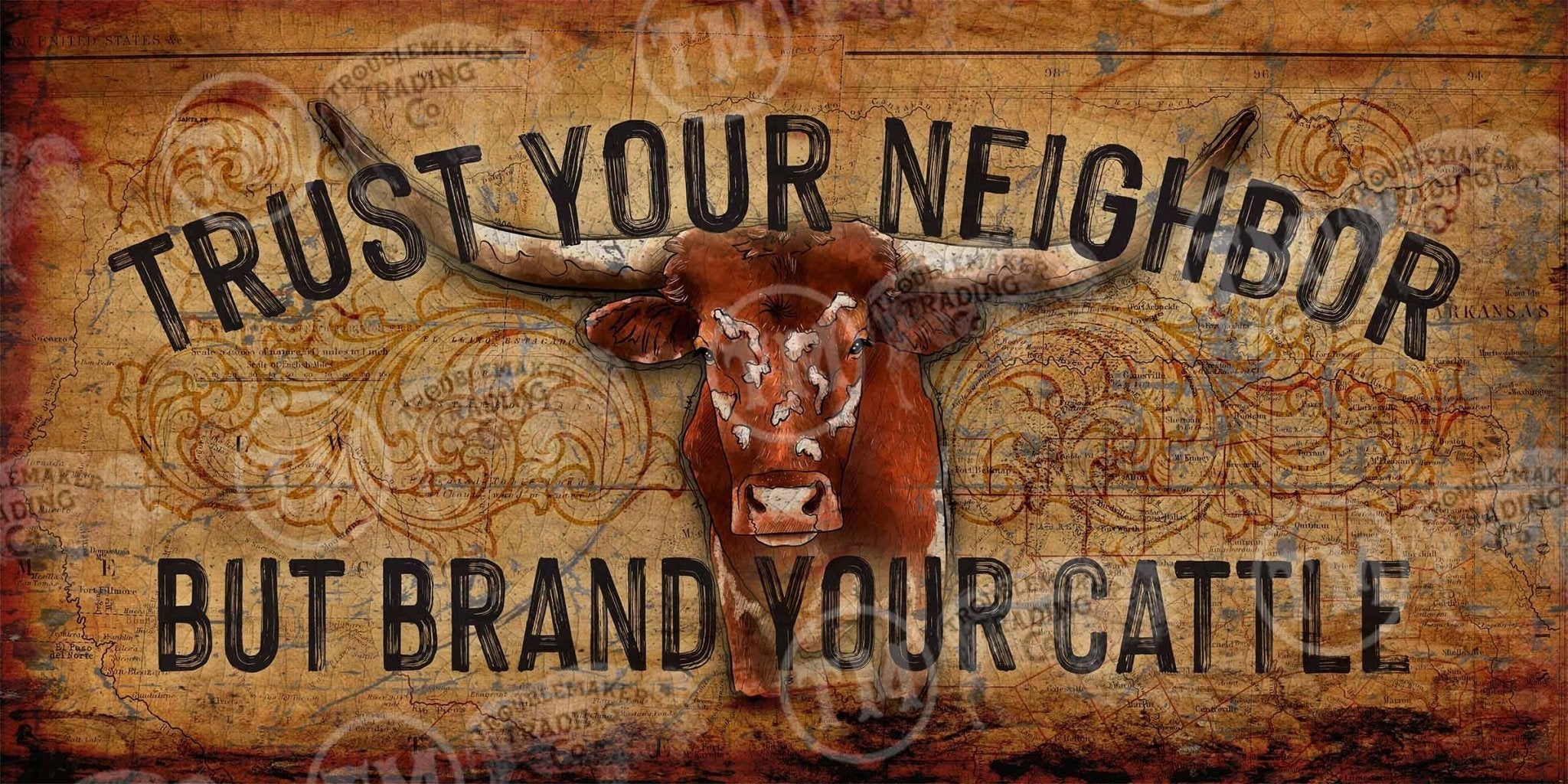 Brand Your Cattle Rectangle Glass Cutting Board — Longhorn "Trust Your Neighbor" (15"×11")