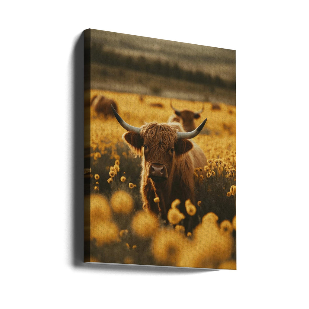 Highland Cows In Flower Field