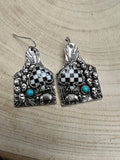 Western Cattle Tag, Armadillo & Spade Earrings with Checker Detail — 1½" Drop