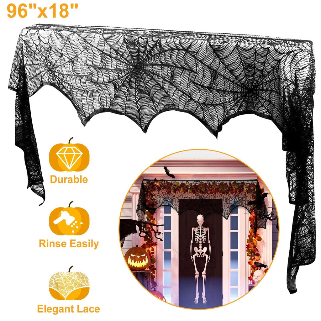 Spiderweb Mantle Scarf – 96x18" Black Lace Fireplace Cover