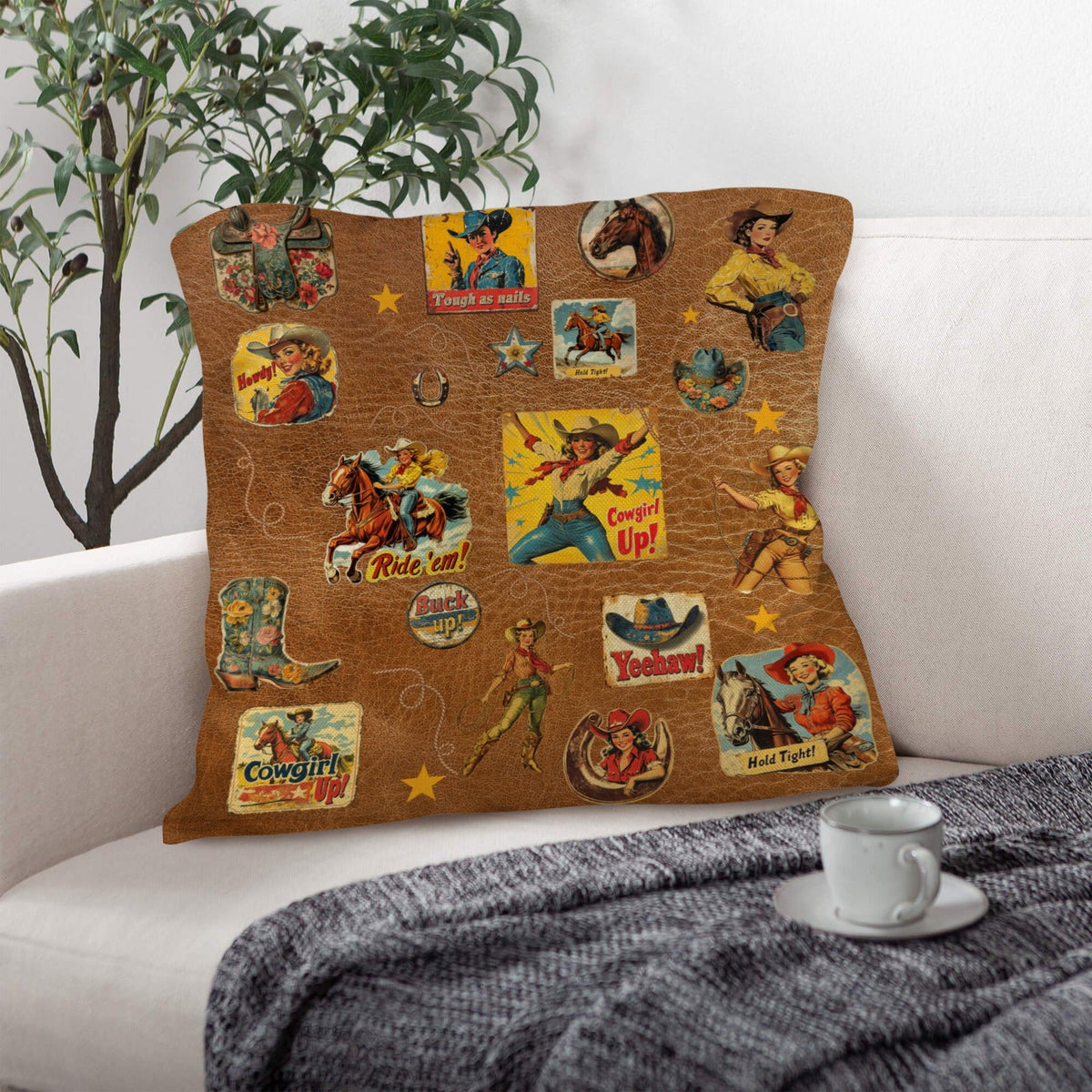 Baha Ranch Vintage Cowgirl Collage Square Pillow
