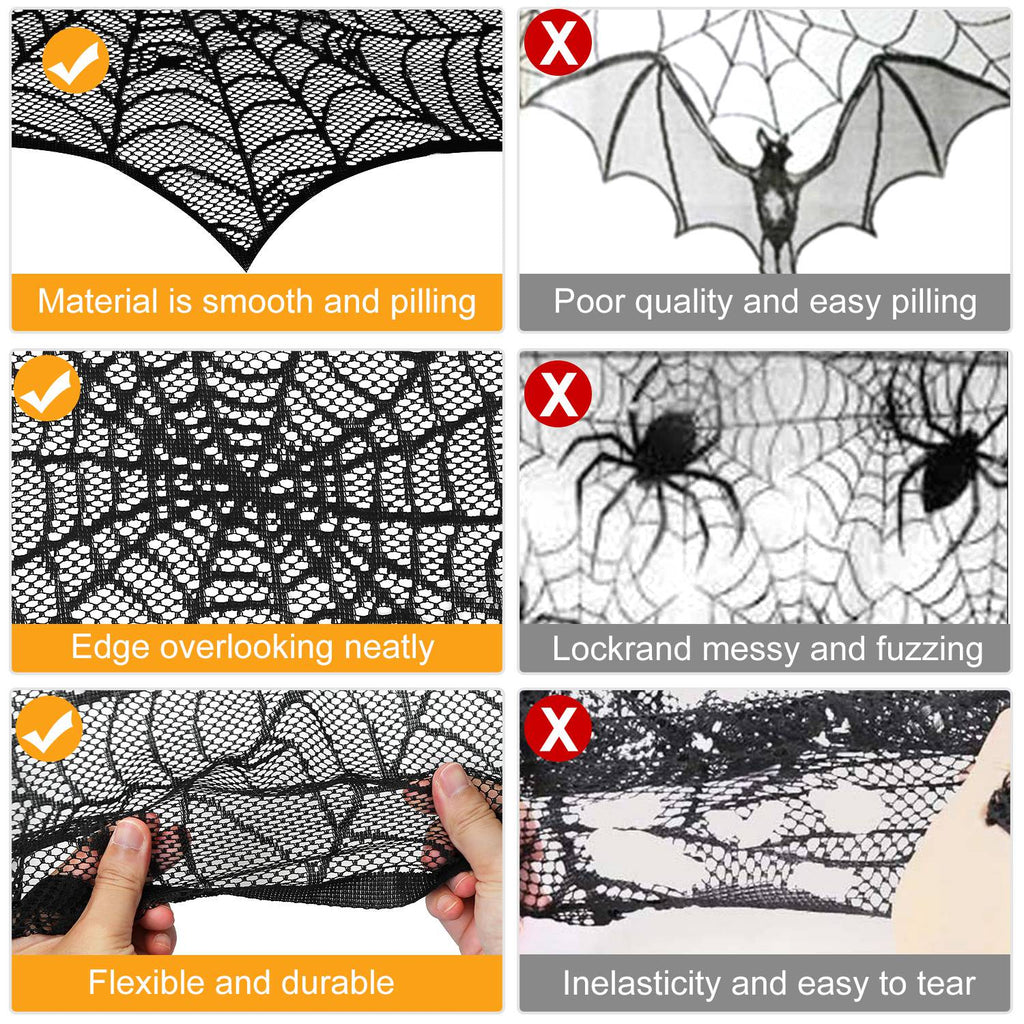 Spiderweb Mantle Scarf – 96x18" Black Lace Fireplace Cover