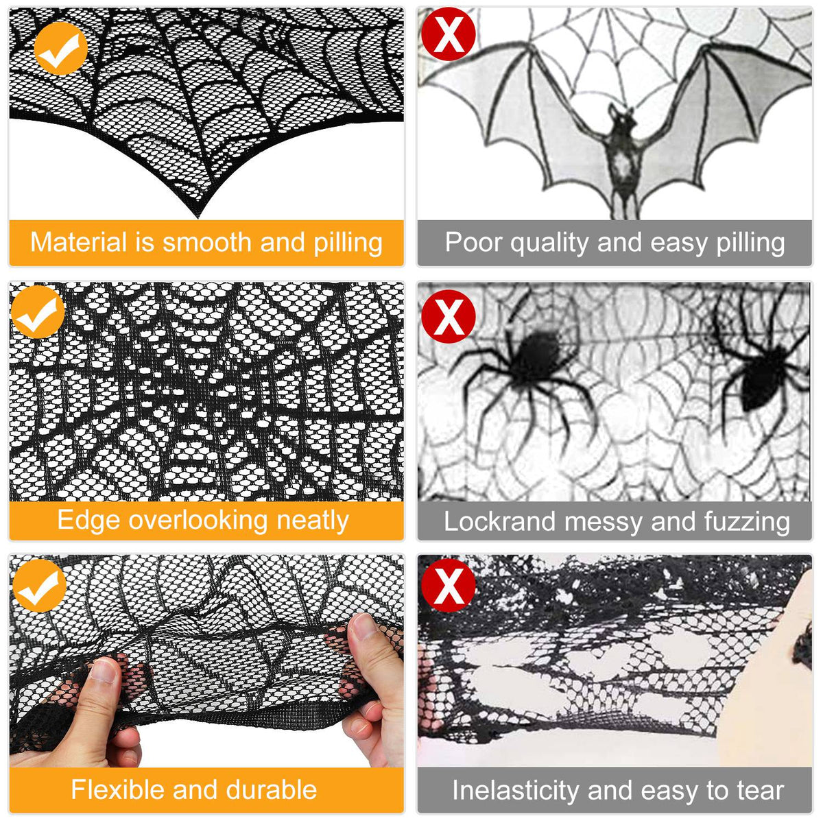 Spiderweb Mantle Scarf – 96x18" Black Lace Fireplace Cover