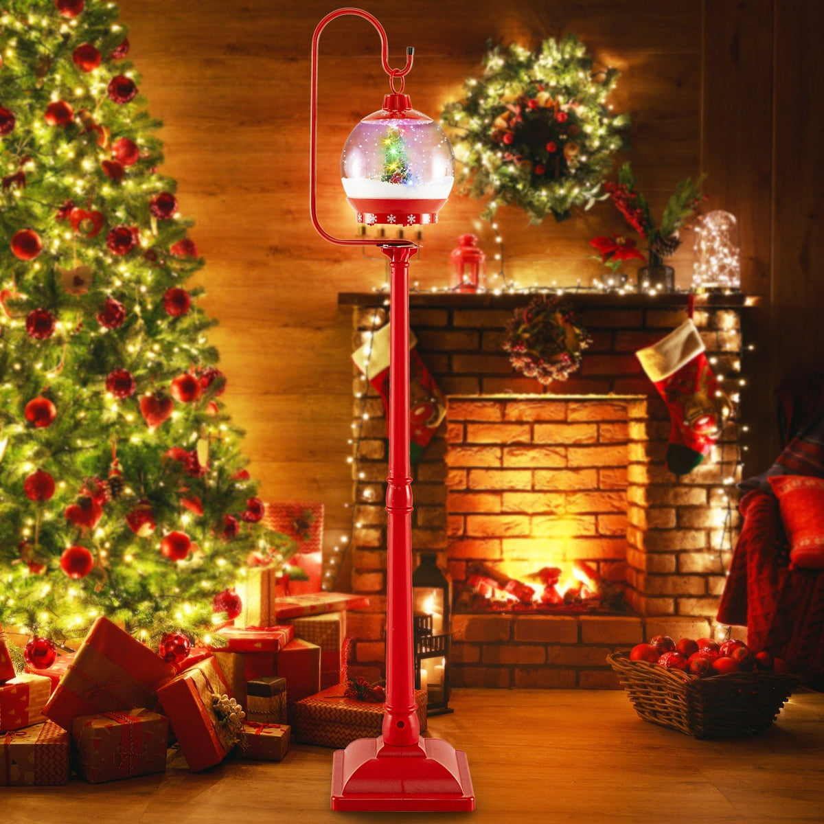 68 Inch Festive Musical Christmas Street Lamp Post with Snow Globe Lantern-Red