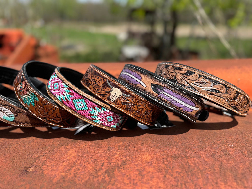 Leather dog collar tooled or beaded details skull sunflower