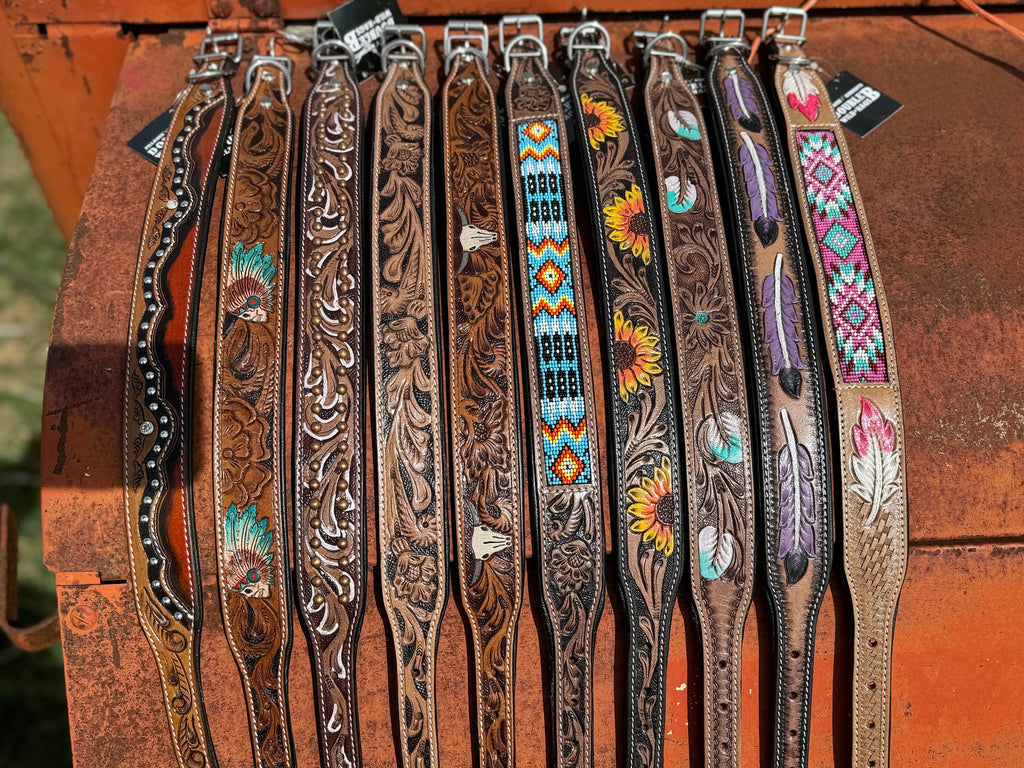 Leather dog collar tooled or beaded details skull sunflower