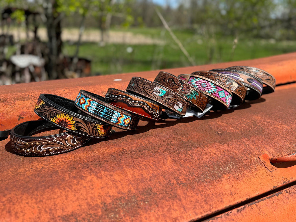 Leather dog collar tooled or beaded details skull sunflower