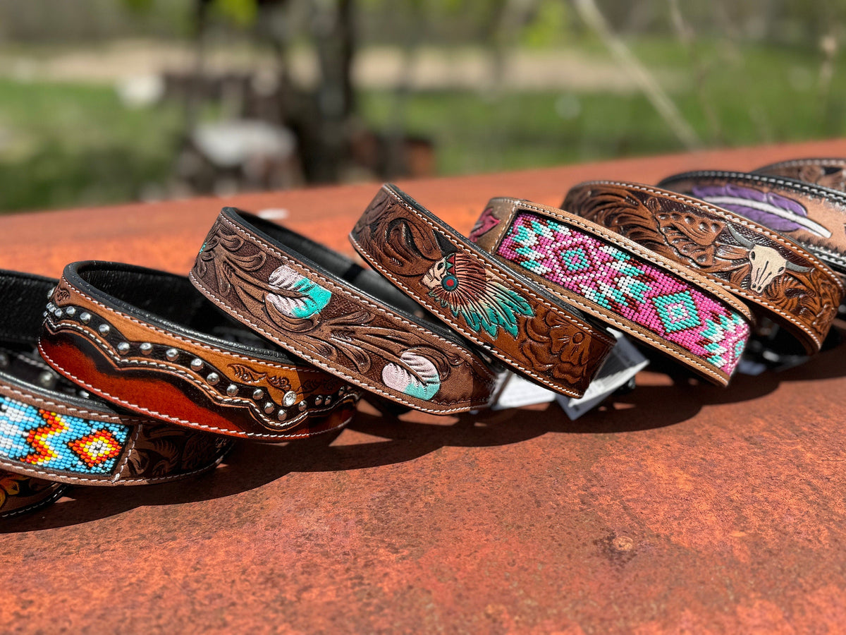 Leather dog collar tooled or beaded details skull sunflower