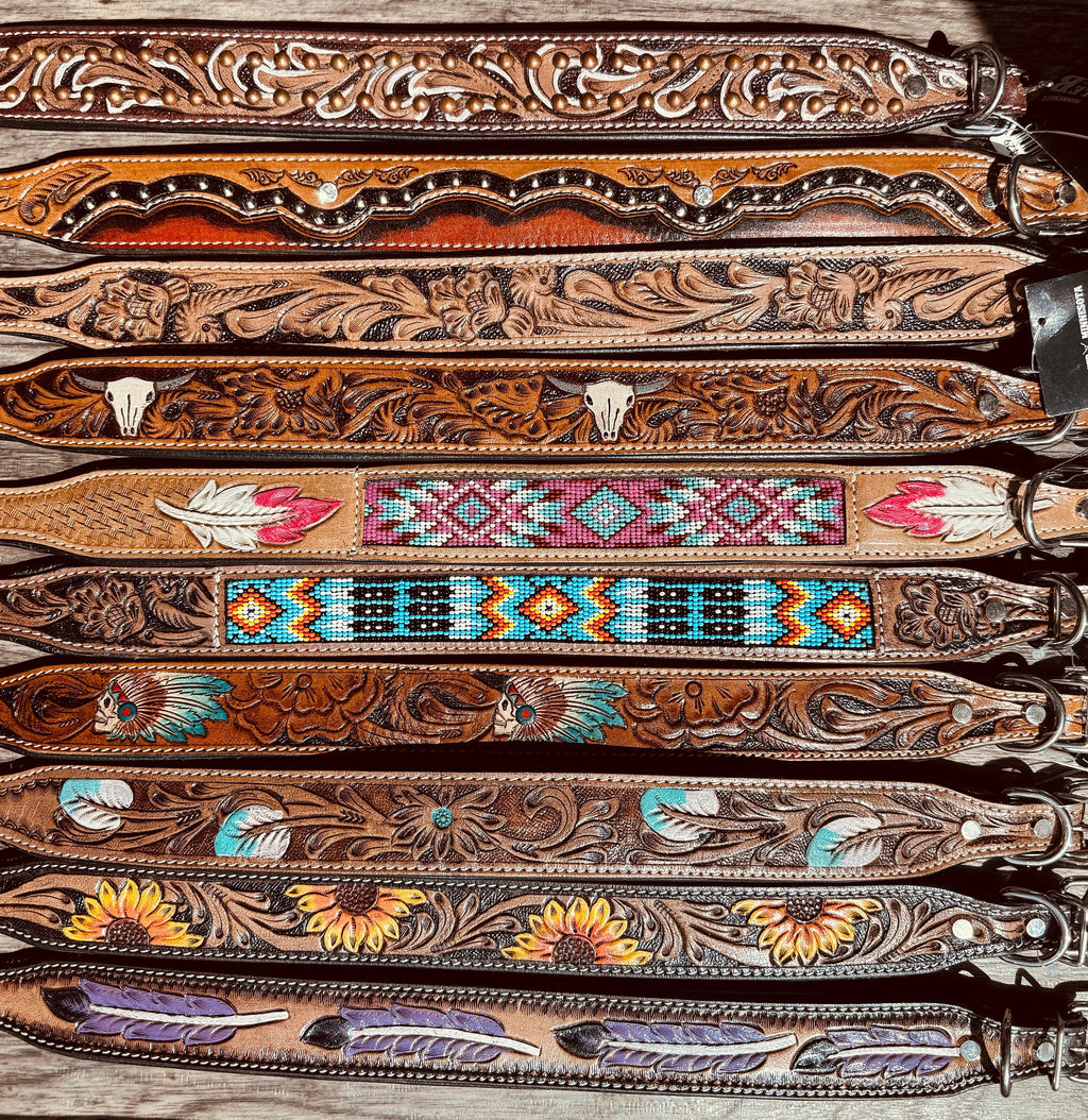 Leather dog collar tooled or beaded details skull sunflower