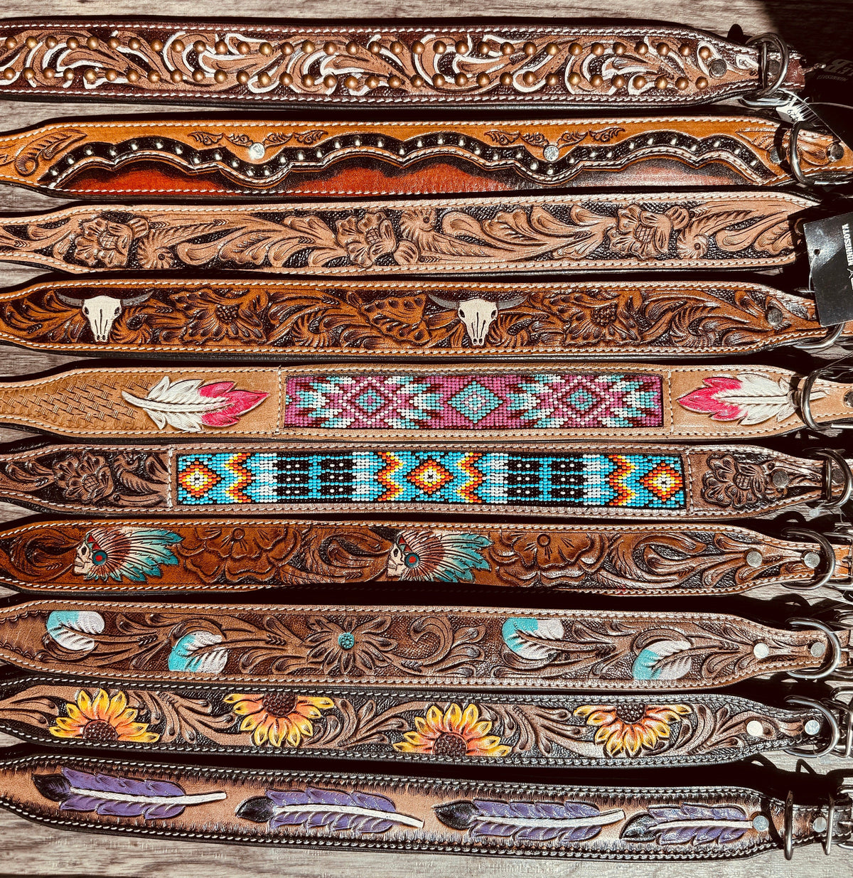 Leather dog collar tooled or beaded details skull sunflower