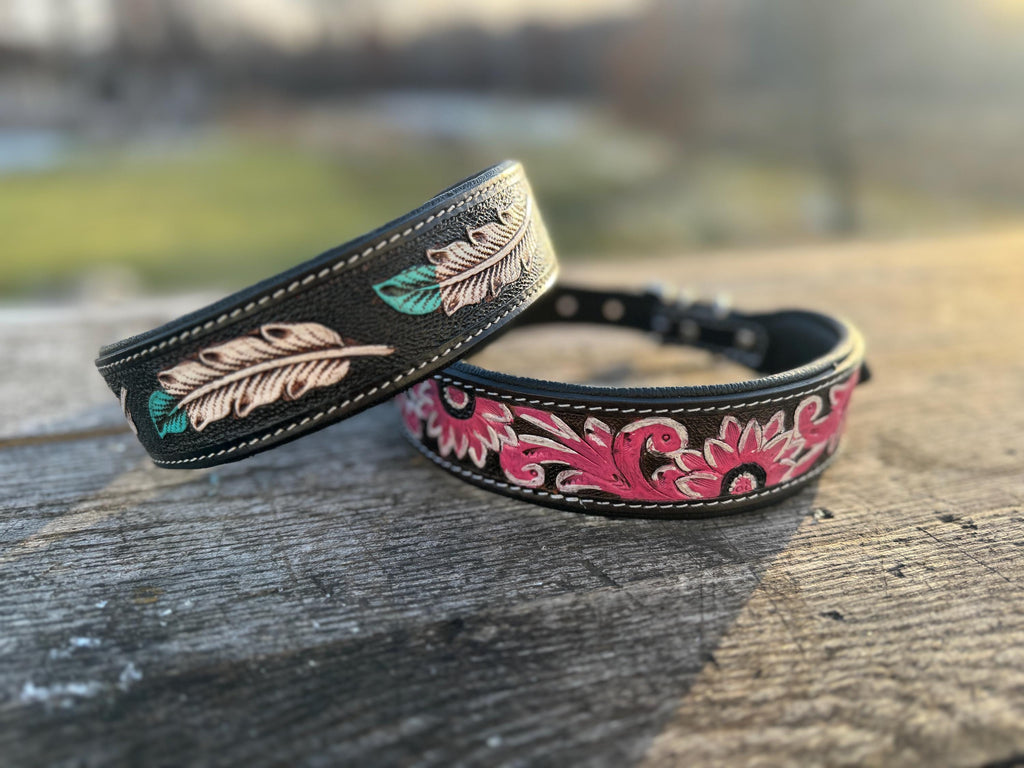 Leather dog collar tooled Turquoise Feather or Pink Floral