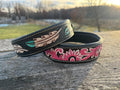 Leather dog collar tooled Turquoise Feather or Pink Floral