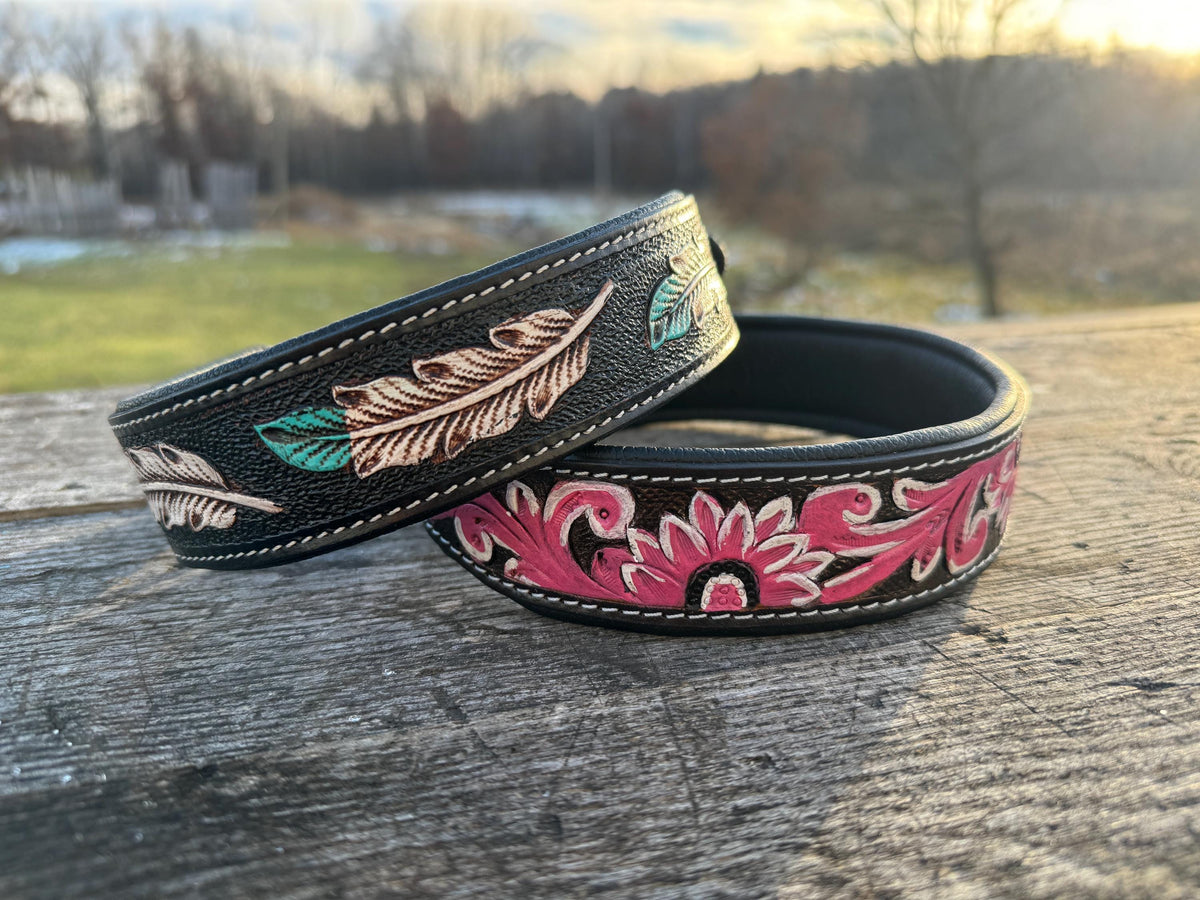 Leather dog collar tooled Turquoise Feather or Pink Floral