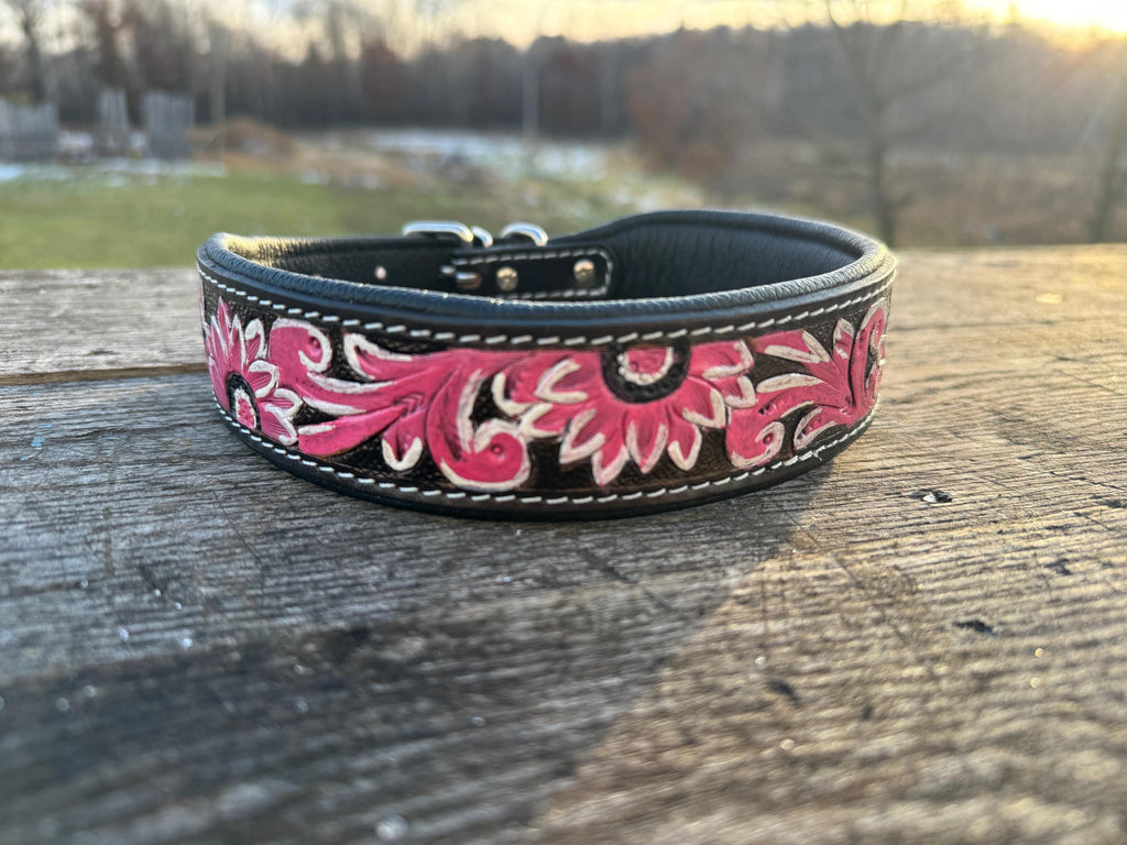 Leather dog collar tooled Turquoise Feather or Pink Floral