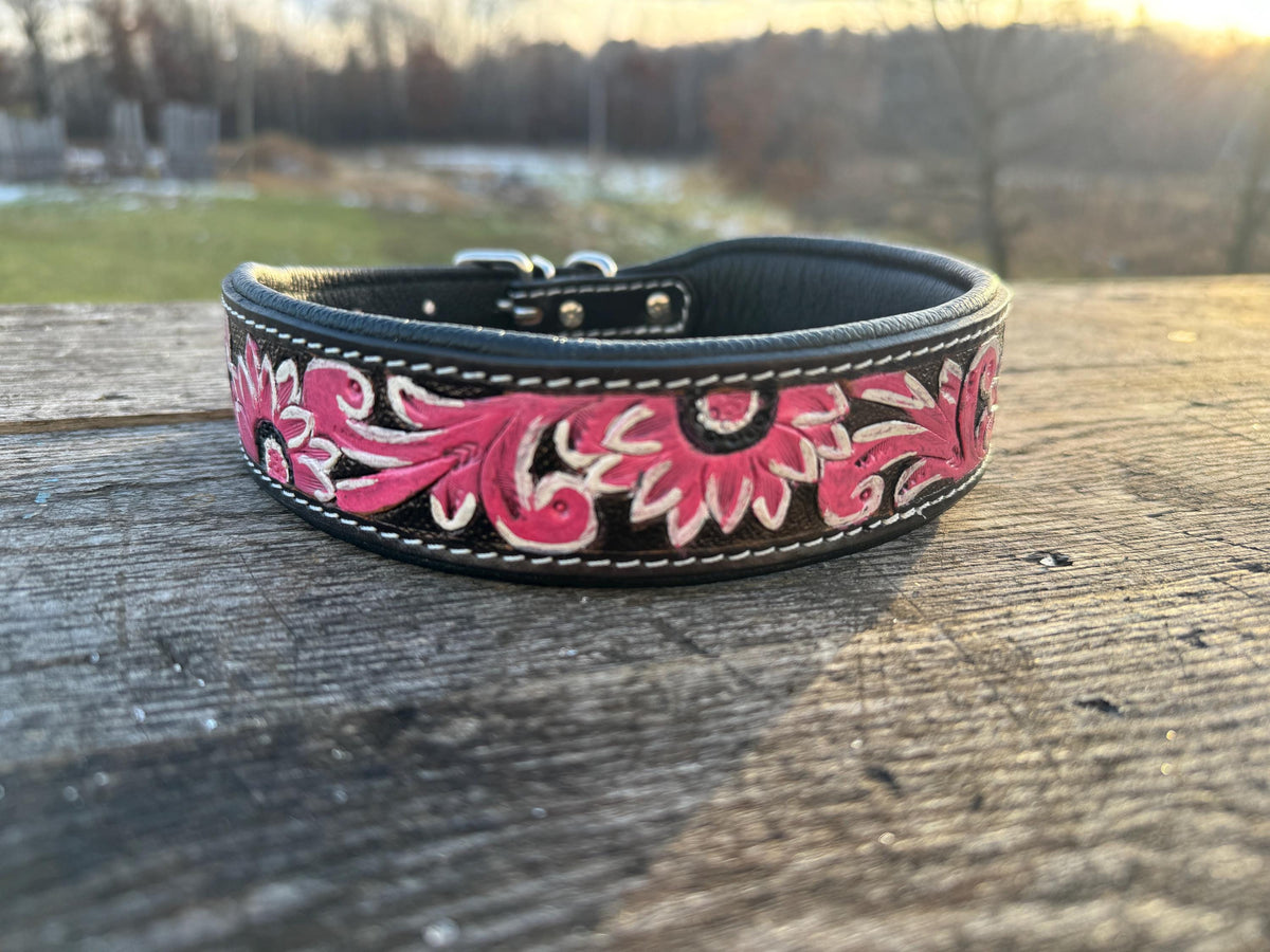 Leather dog collar tooled Turquoise Feather or Pink Floral