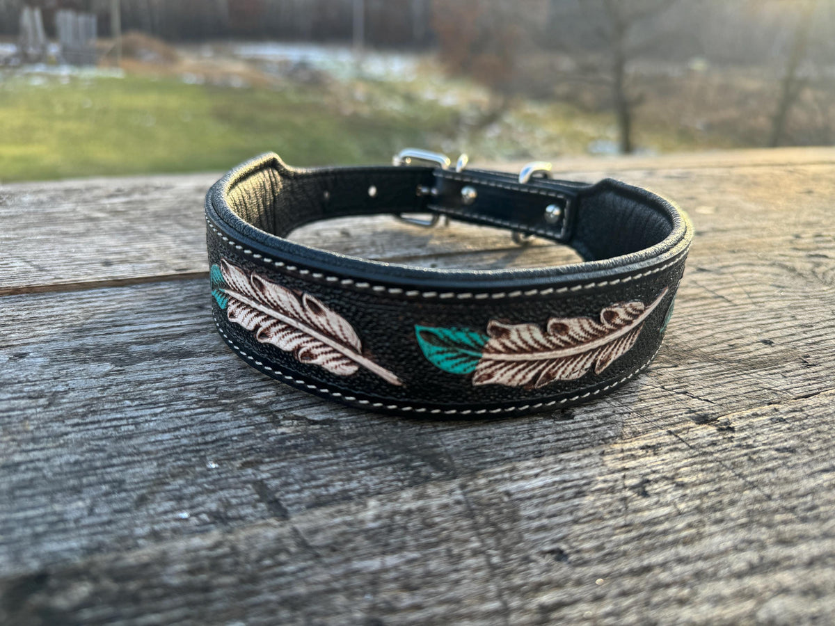 Leather dog collar tooled Turquoise Feather or Pink Floral