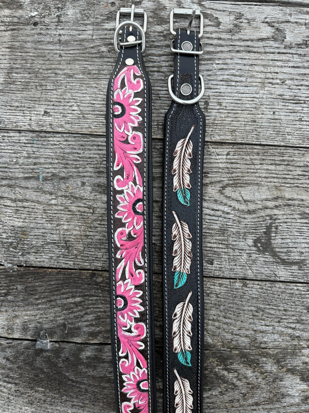 Leather dog collar tooled Turquoise Feather or Pink Floral