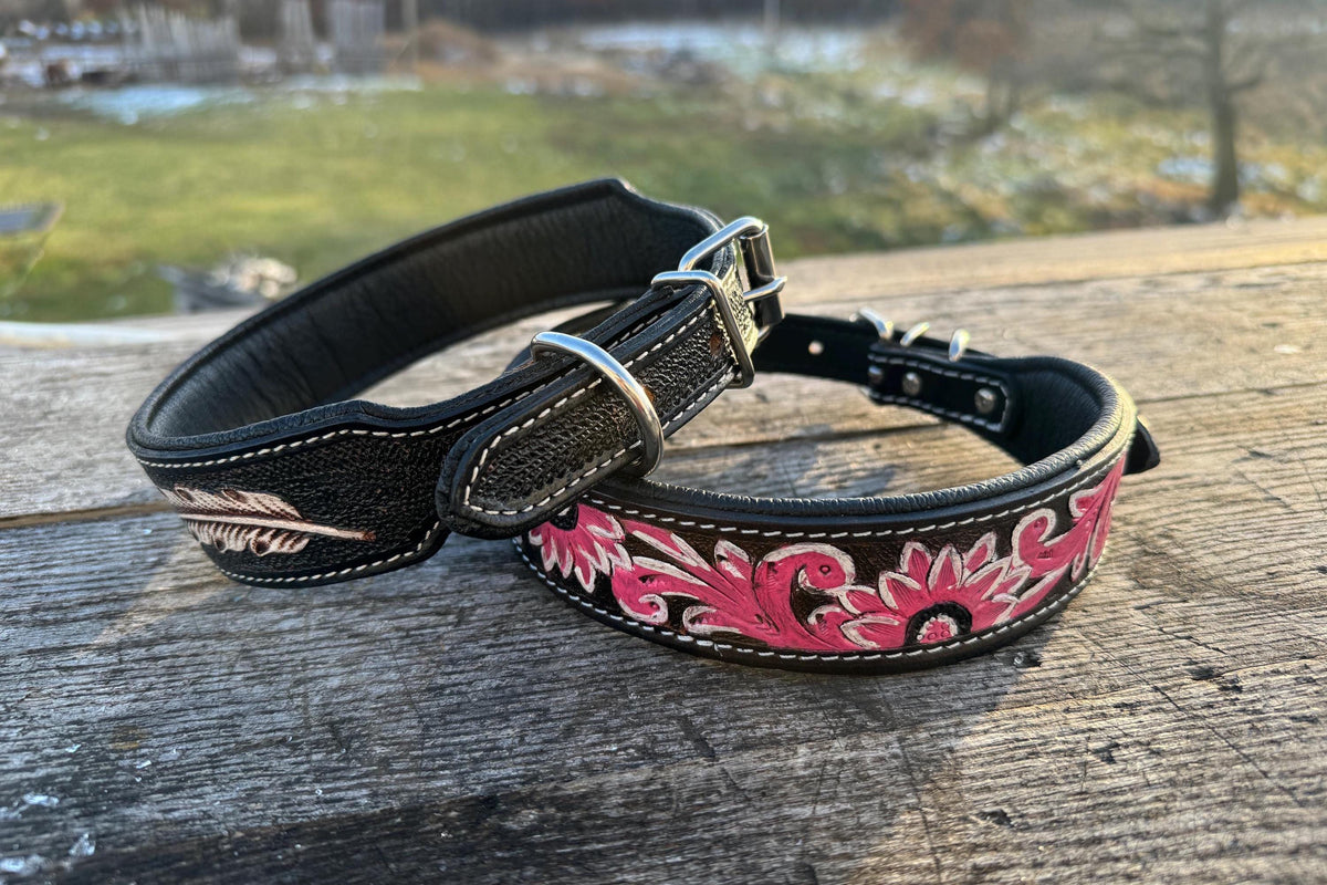 Leather dog collar tooled Turquoise Feather or Pink Floral