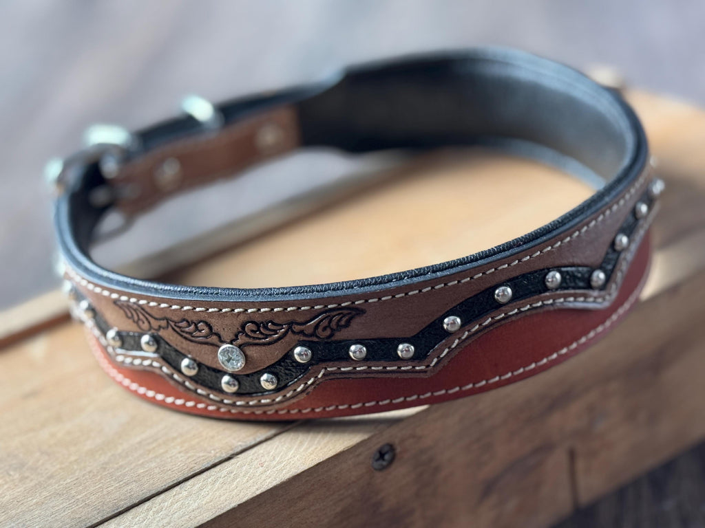 Western leather dog collar tooled or beaded details skull sunflower feather rhinestone by Double B Wild Rags