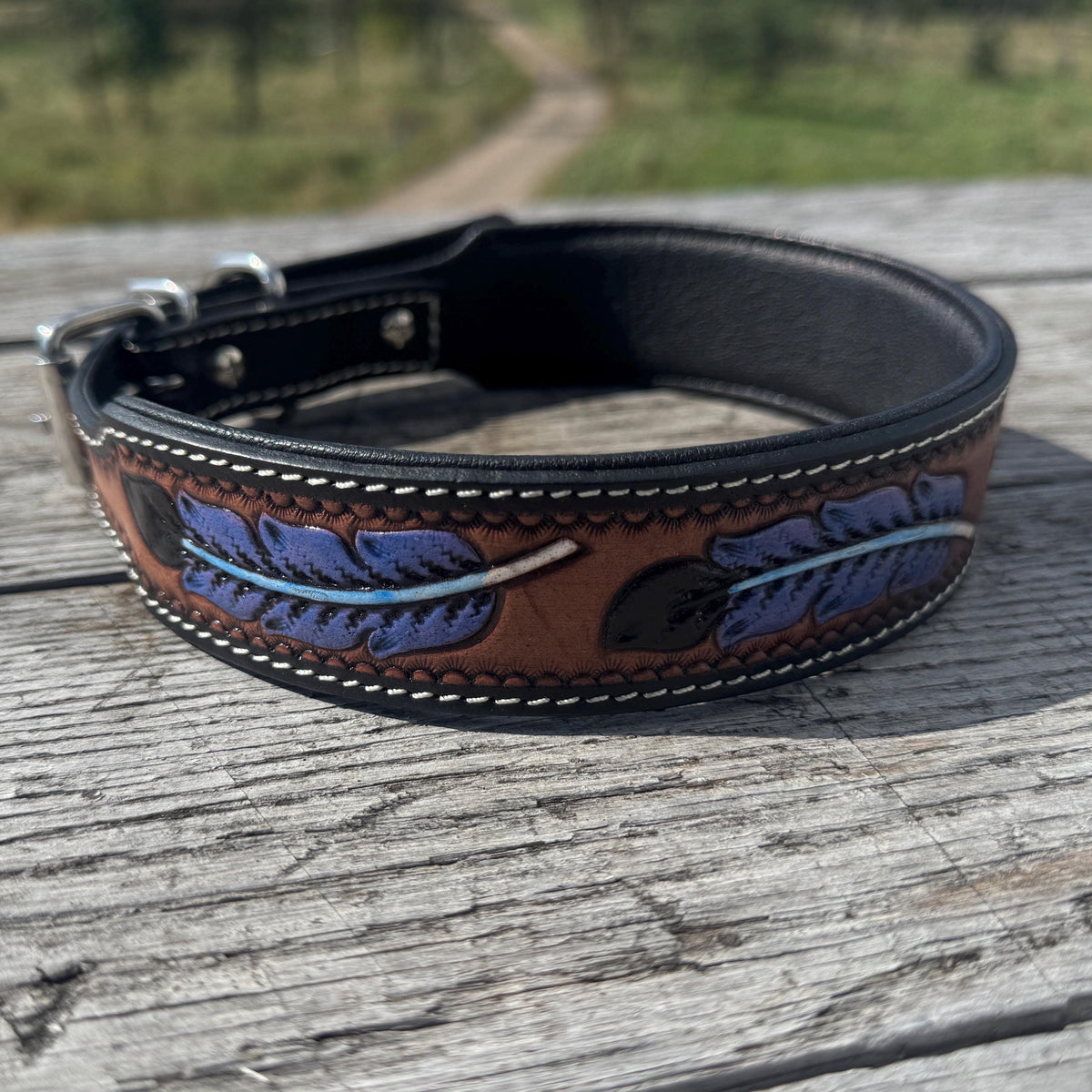 Leather dog collar tooled or beaded details skull sunflower